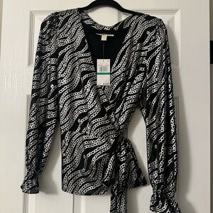 Michael Kors Elegant Black and White Chain Print Wrap Top NWT